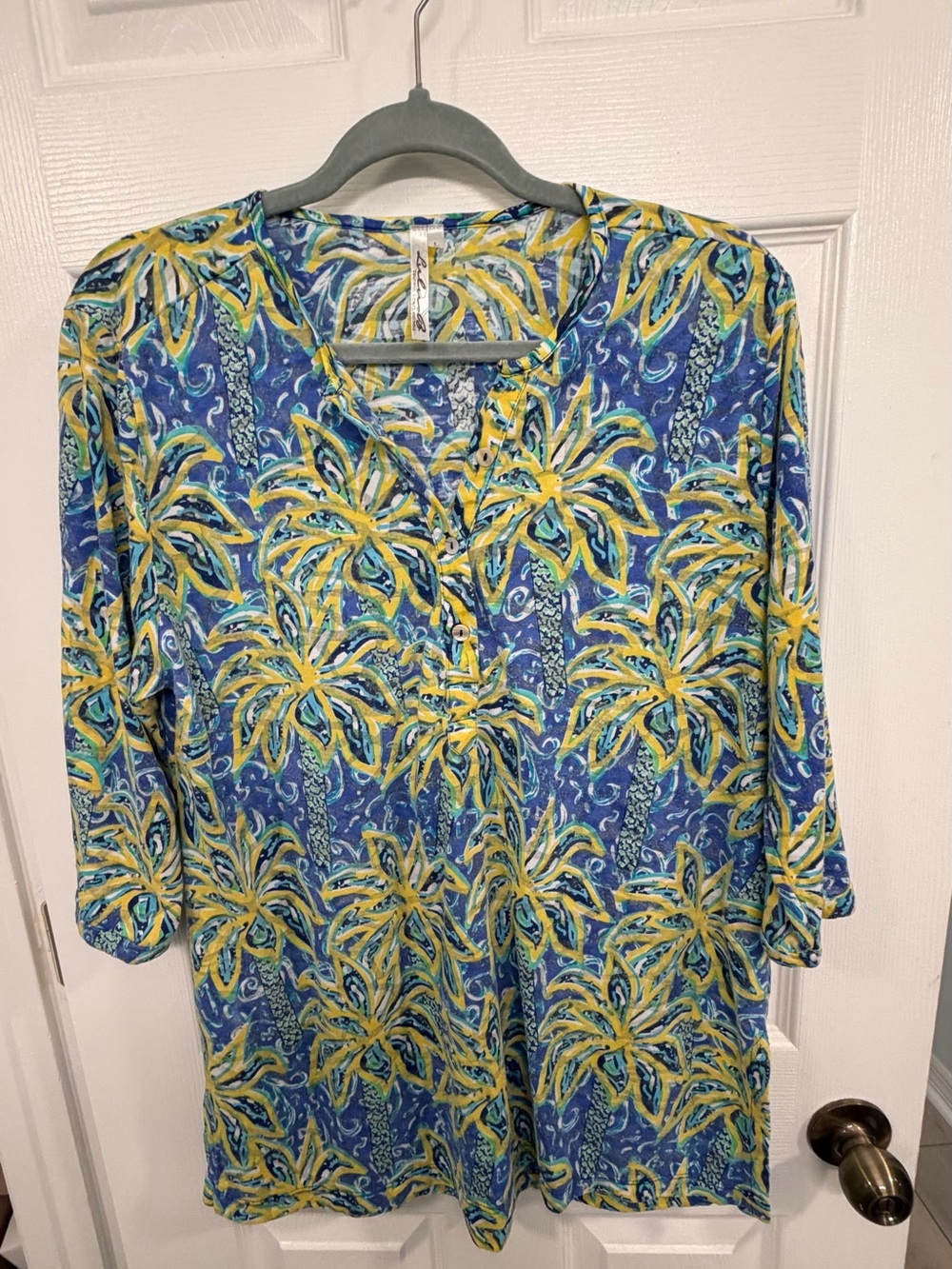 Lulu-B Blue & Yellow Palm-Print Tunic